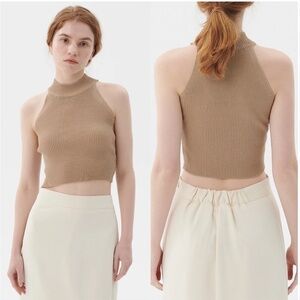 Storets Finley Knitted High Neck Halter Ribbed Crop Top in Taupe- NWT